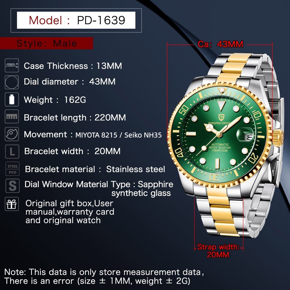 PAGANI Design PD1639 Men Autom - Rolex Watch Submariner recension och pris